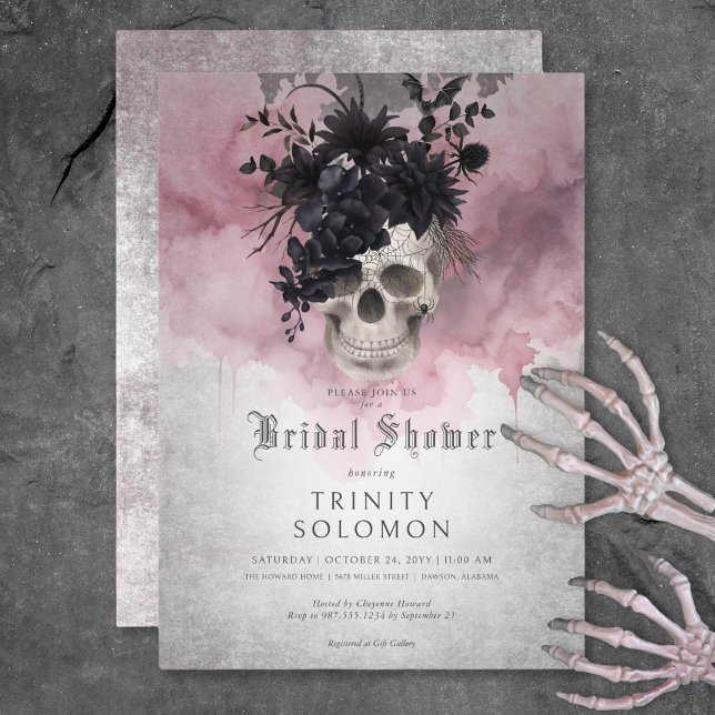 Gothic Black & Burgundy Floral Skull Bridal Shower Invitation (Gothic Black & Burgundy Floral Skull Bridal Shower Invitation)