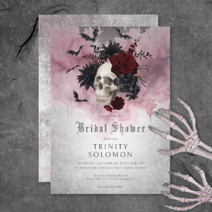 Gothic Black & Burgundy Skull & Bats Bridal Shower Invitation