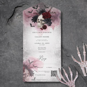 Gothic Black & Burgundy Skull & Bats QR Code All In One Invitation