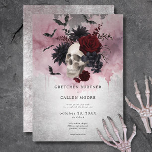 Gothic Black & Burgundy Skull & Bats Wedding Invitation
