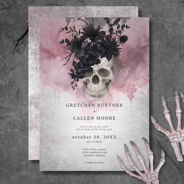 Gothic Black & Burgundy Skull Spider & Bat Wedding Invitation (Gothic Black & Burgundy Skull Spider & Bat Wedding Invitation)
