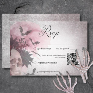 Gothic Black & Burgundy Skull & Spider QR Code RSVP Card