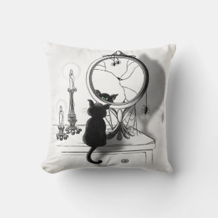 Gothic Black Cat Broken Mirror Halloween Cushion