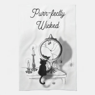Gothic Black Cat Broken Mirror Halloween Tea Towel