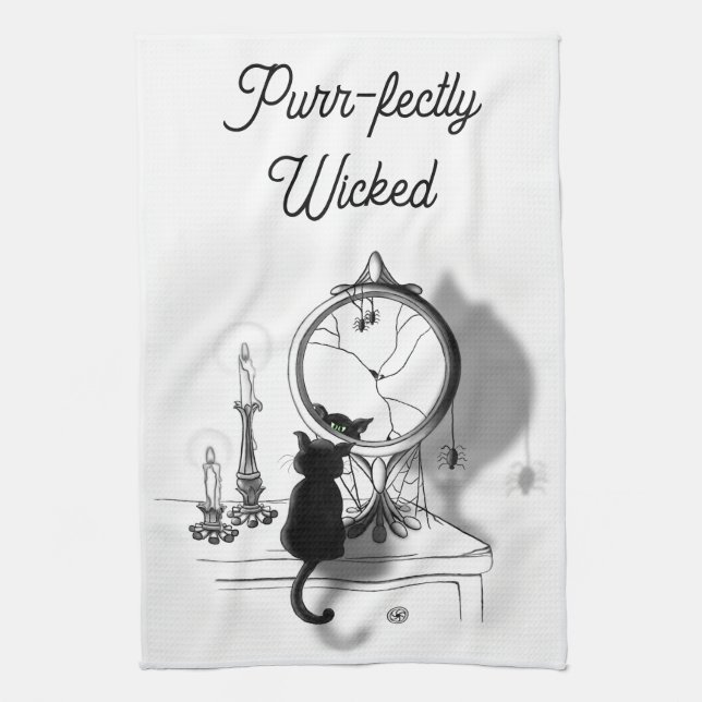 Gothic Black Cat Broken Mirror Halloween Tea Towel (Vertical)