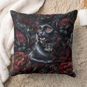 Gothic Black Cat & Dark Flowers Cushion