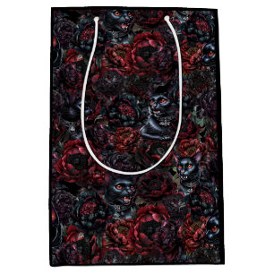 Gothic Black Cat & Dark Flowers Pattern Medium Gift Bag