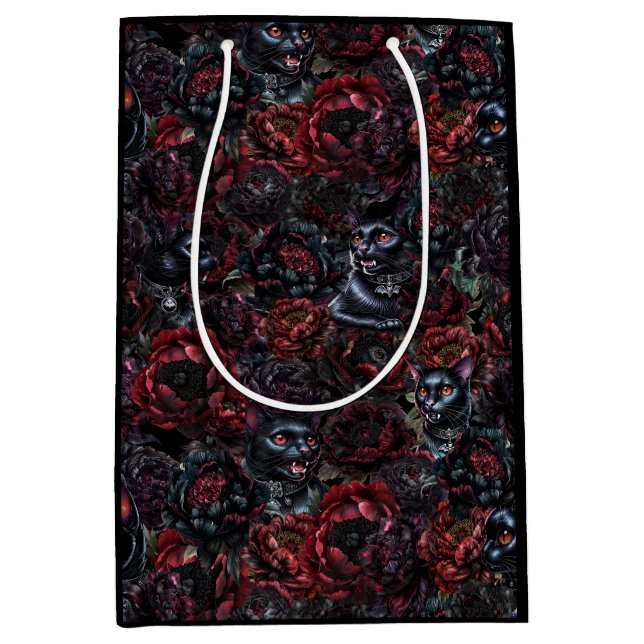 Gothic Black Cat & Dark Flowers Pattern  Medium Gift Bag (Front)
