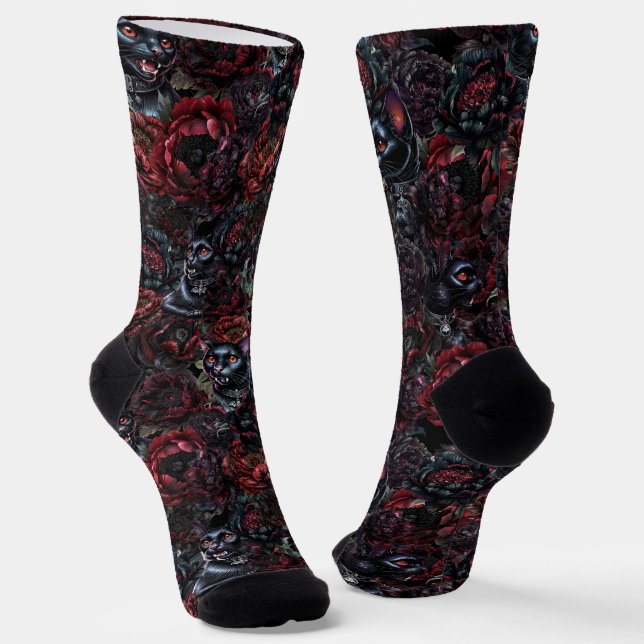 Gothic Black Cat & Dark Flowers Pattern  Socks (Angled)