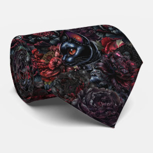 Gothic Black Cat & Dark Flowers Pattern Tie