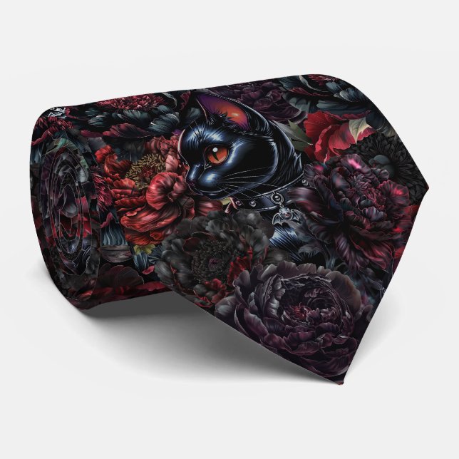 Gothic Black Cat & Dark Flowers Pattern  Tie (Rolled)