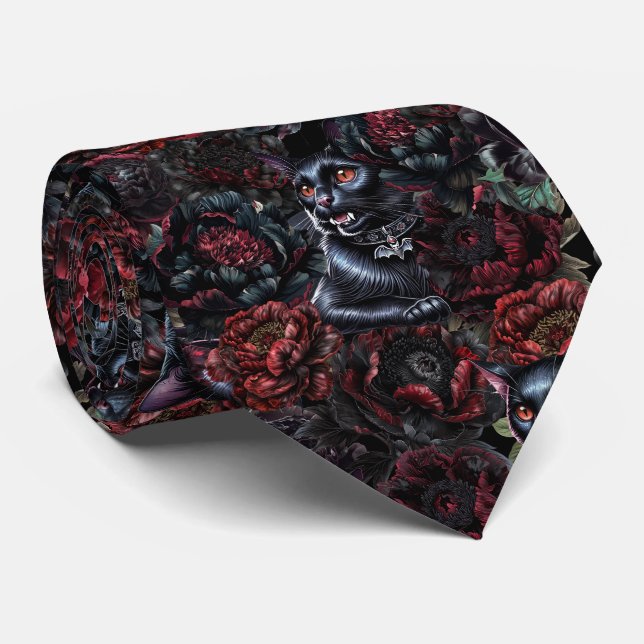 Gothic Black Cat & Dark Flowers Pattern  Tie (Rolled)
