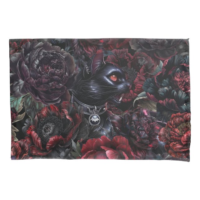 Gothic Black Cat & Dark Flowers  Pillowcase (Front)
