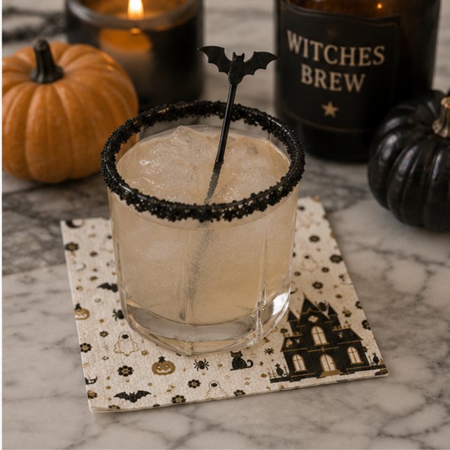 Gothic Black Cat Haunted House Parisian Napkin (Halloween Parisian Bistro cocktail napkins with black cat mosaic design styled on elegant autumn tab)