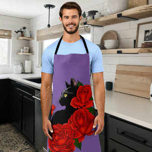 Gothic Black Cat Red Roses Purple Apron