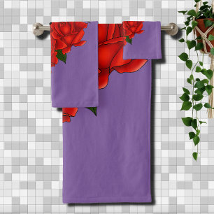 Gothic Black Cat Red Roses Purple Bath Towel Set