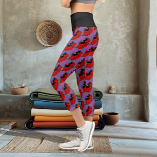 Gothic Black Cat Red Roses Purple Capri Leggings