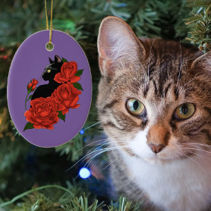 Gothic Black Cat Red Roses Purple Ceramic Tree Decoration