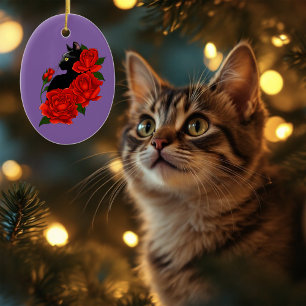 Gothic Black Cat Red Roses Purple Ceramic Tree Decoration
