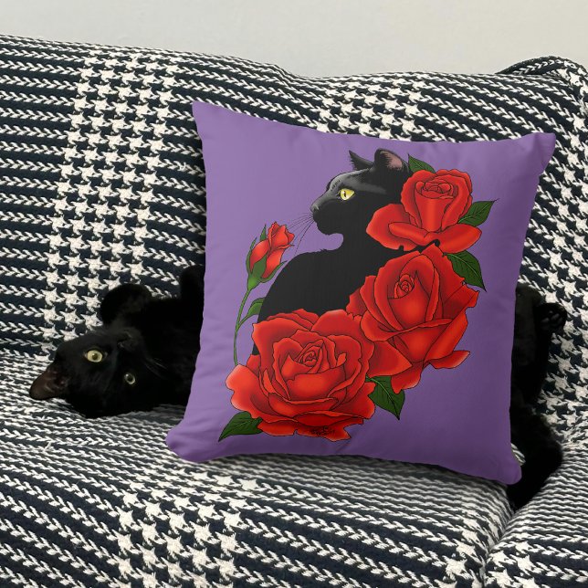 Gothic Black Cat Red Roses Purple Cushion (Creator Uploaded)