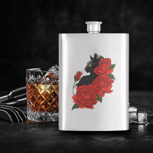 Gothic Black Cat Red Roses Purple Hip Flask