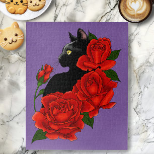 Gothic Black Cat Red Roses Purple Jigsaw Puzzle