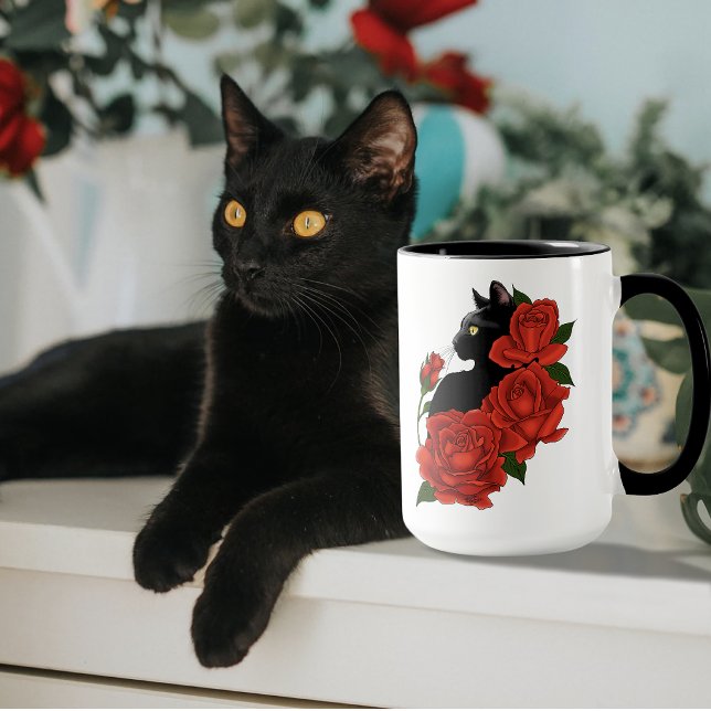 Gothic Black Cat Red Roses Purple Mug (Creator Uploaded)