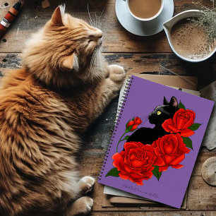Gothic Black Cat Red Roses Purple Notebook