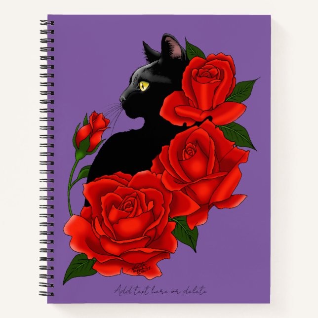 Gothic Black Cat Red Roses Purple Notebook (Front)