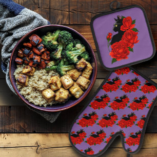 Gothic Black Cat Red Roses Purple Oven Mitt & Pot Holder Set