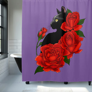Gothic Black Cat Red Roses Purple Shower Curtain