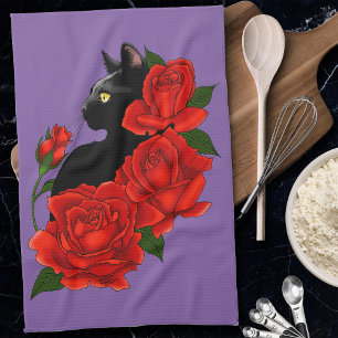 Gothic Black Cat Red Roses Purple Tea Towel