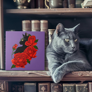 Gothic Black Cat Red Roses Purple Tile