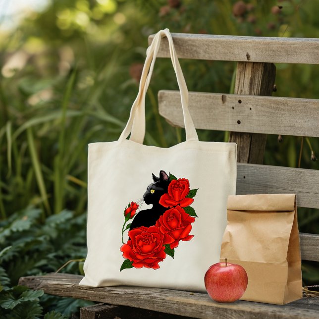 Gothic Black Cat Red Roses Purple Tote Bag (Creator Uploaded)