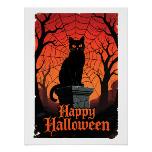 Gothic Black Cat Spiderweb Vintage Halloween Par Poster