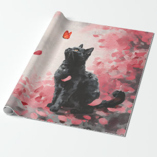 Gothic Black Cat with Crimson Butterfly and Sakura Wrapping Paper
