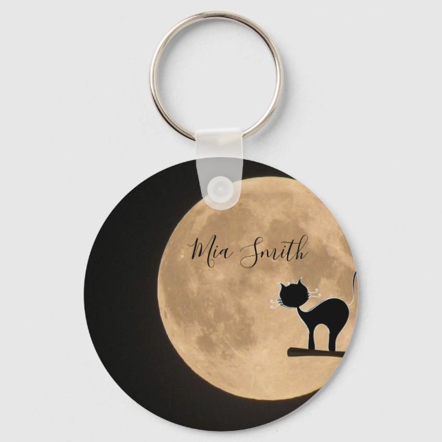 Gothic black cat with full moon personal name key ring (Front)