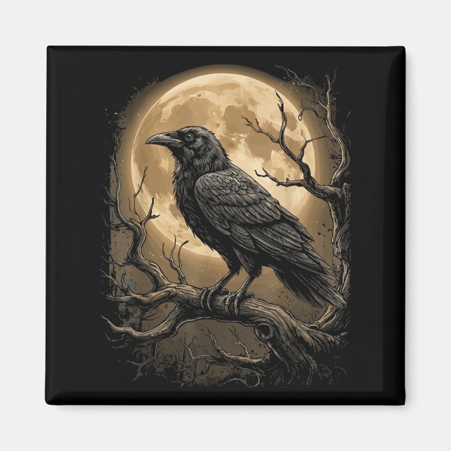 Gothic Black Crow Raven Moon Dark Forest Bird Magnet (Front)
