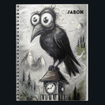Gothic Black Crow Spooky Notebook<br><div class="desc">Design features a haunting black crow with oversized,  spooky eyes perched on top of a clock tower. Customise it with your name or initials.

Copyright Soar In Style Designs LLC.</div>