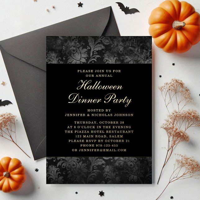 Gothic Black Damask Halloween Dinner Gold Foil (Gothic Black Damask Halloween Dinner Gold Foil Foil Invitation)