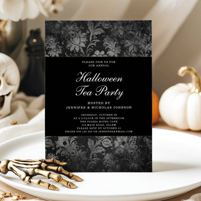 Gothic Black Damask Halloween Tea Party  Invitation (Gothic Black Damask Halloween Tea Party Invitation)