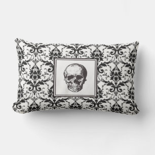 Gothic Black Damask Pattern Skull Halloween Outdoor Cushion