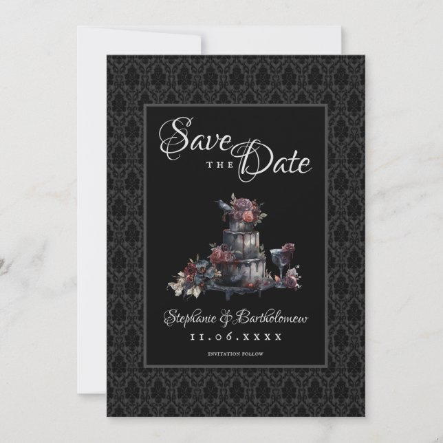Gothic Black Damask Photo Save The Date (Front)