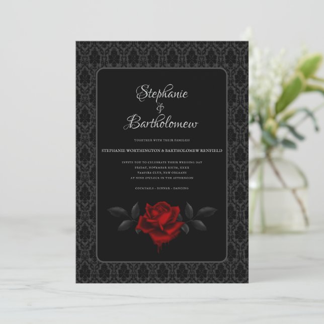 Gothic Black Damask Rose Wedding Invitation (Standing Front)