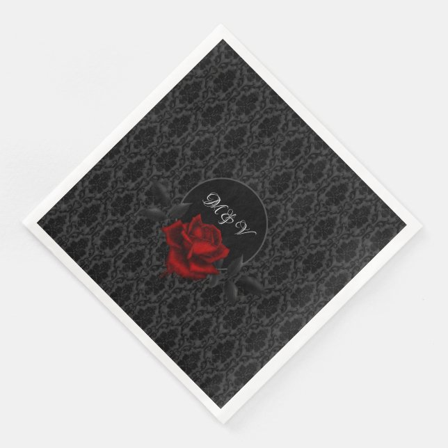 Gothic Black Damask Rose Wedding Napkin (Corner)
