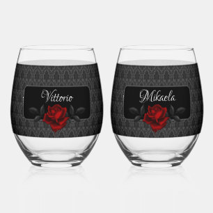 Gothic Black Damask Rose Wedding Stemless Wine Glass