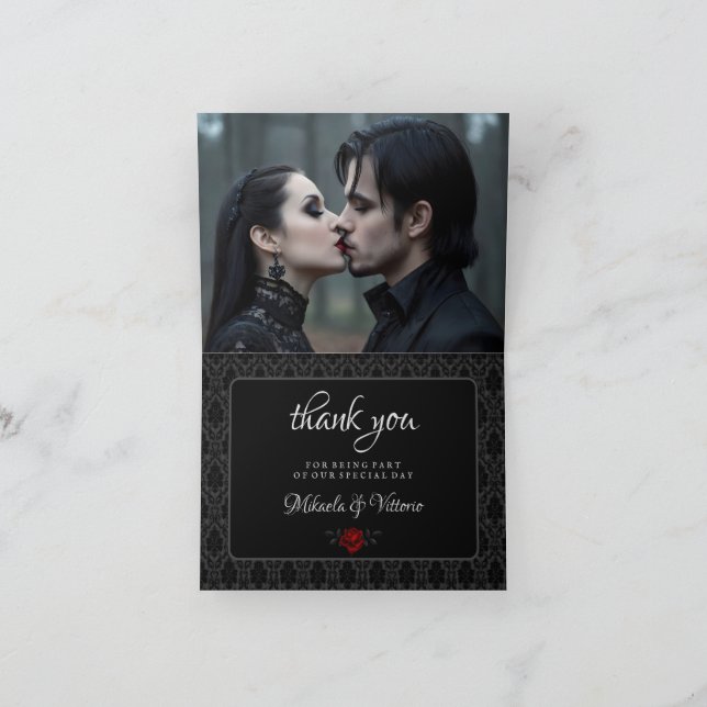 Gothic Black Damask Rose Wedding Thank You Card