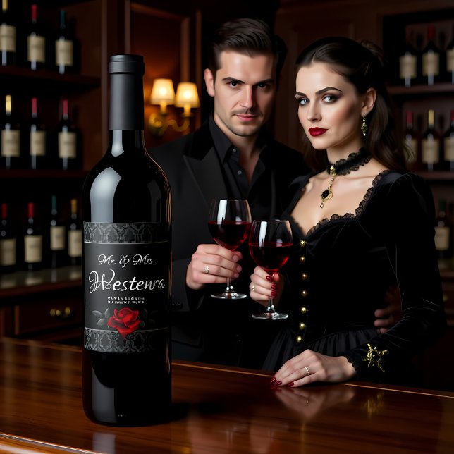 Gothic Black Damask Rose Wedding Wine Label (Creator Uploaded)