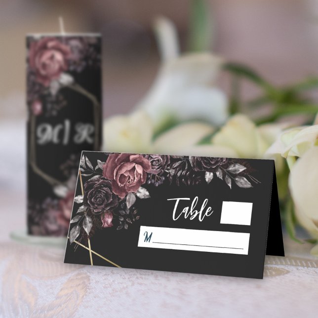 Gothic Black Dark Florals Elegant Wedding Place Card (Creator Uploaded)