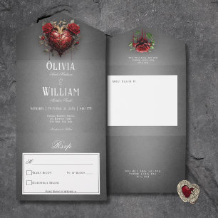 Gothic Black Dark Heart & Red Roses No Dinner All In One Invitation
